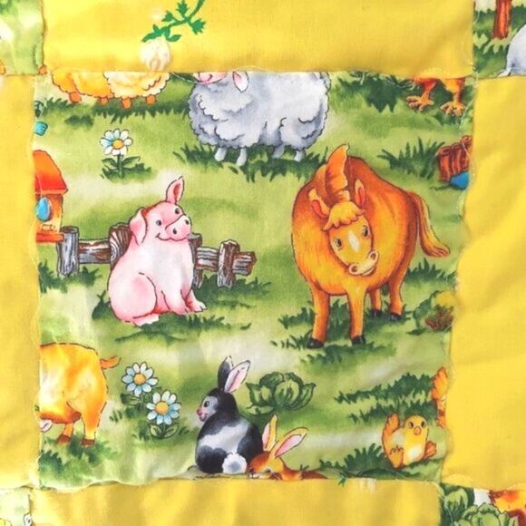 Vintage Miniature Handmade Yellow Farm Themed Quilt - Picture 4 of 6